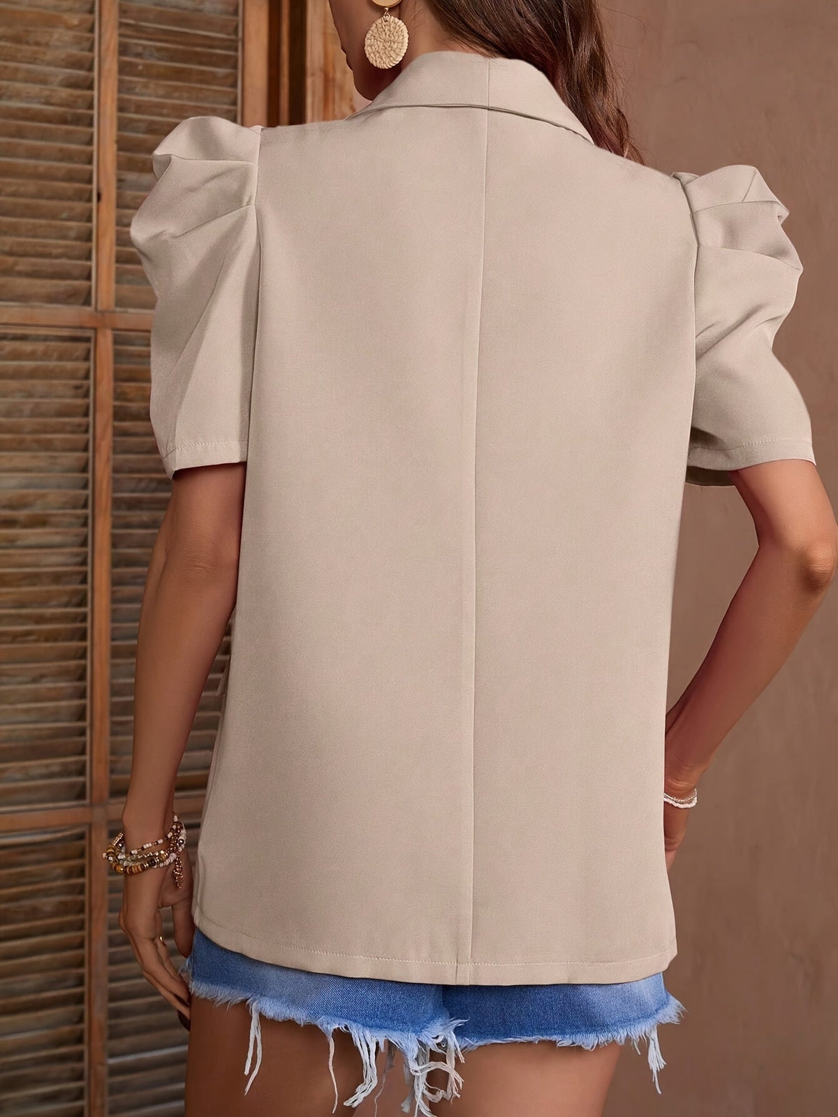 Women's Lantern Sleeve Solid Color Single Button Short Sleeve Loose Fit Faux Pocket Blazer Spring Summer Khaki Black S M L XL XXL