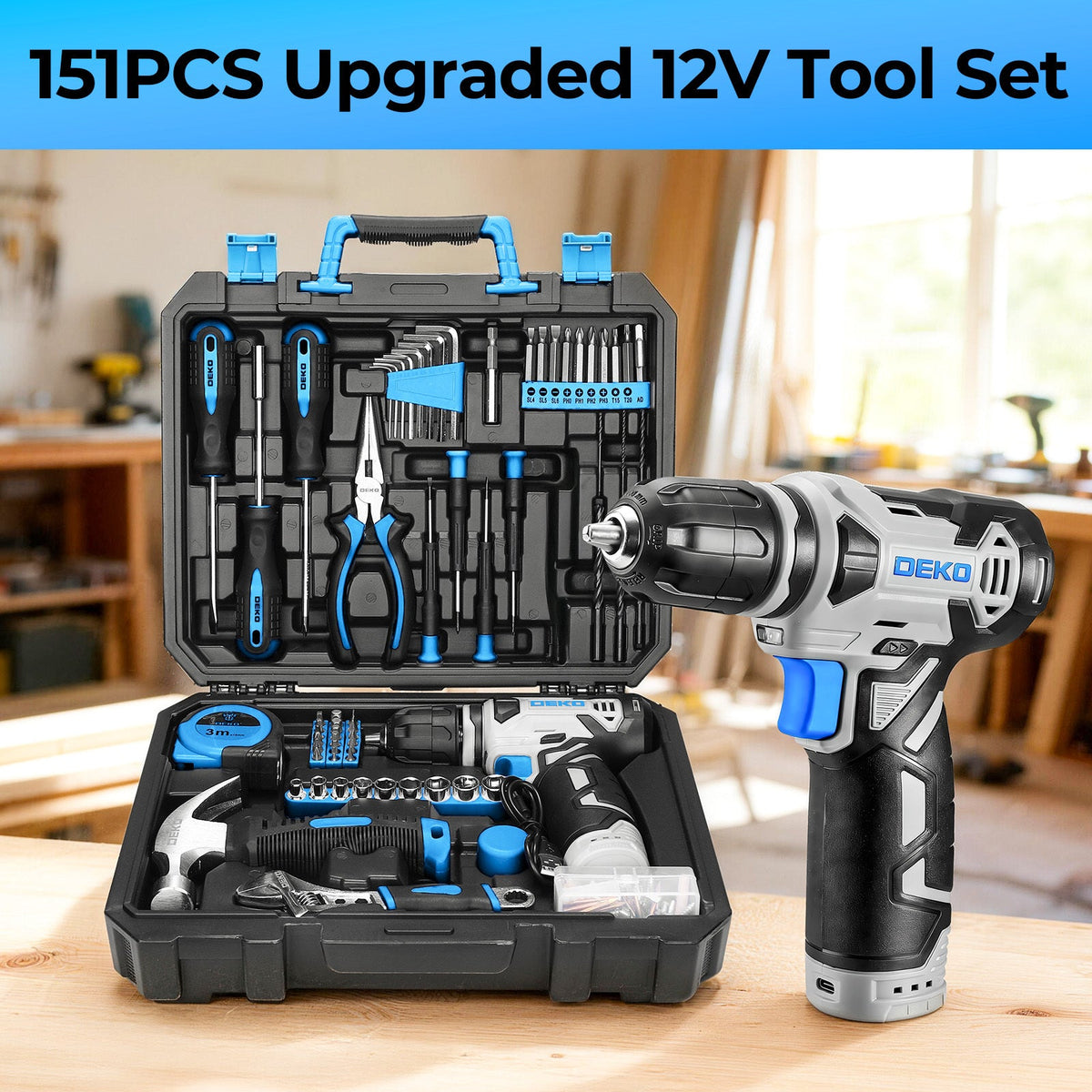 DEKO 151-Piece Tool Set with 12V Cordless Drill – Complete Home Repair Kit with Screwdrivers Hammer Tape Measure & Precision Tools in 5 Colors