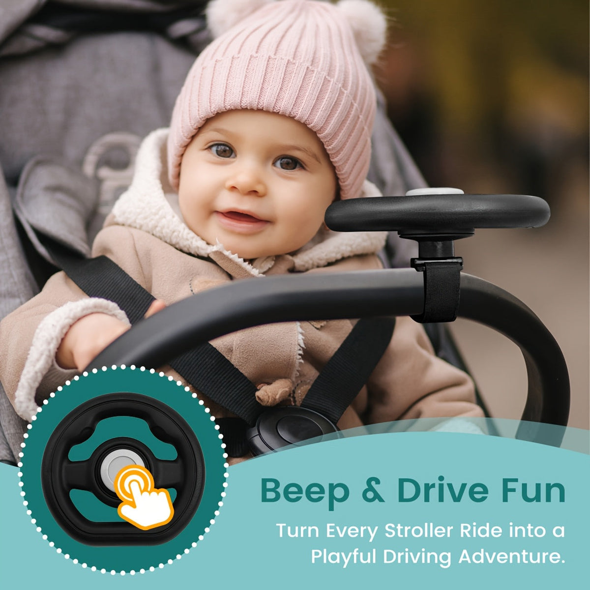 4-Piece Baby Stroller Blanket Clips with Simulation Steering Wheel Toy, Adjustable Universal Pram Blanket Pegs for Sun Wind & Insect Protection, Tool-Free Stroller Accessory, Black Khaki Blue & Pink