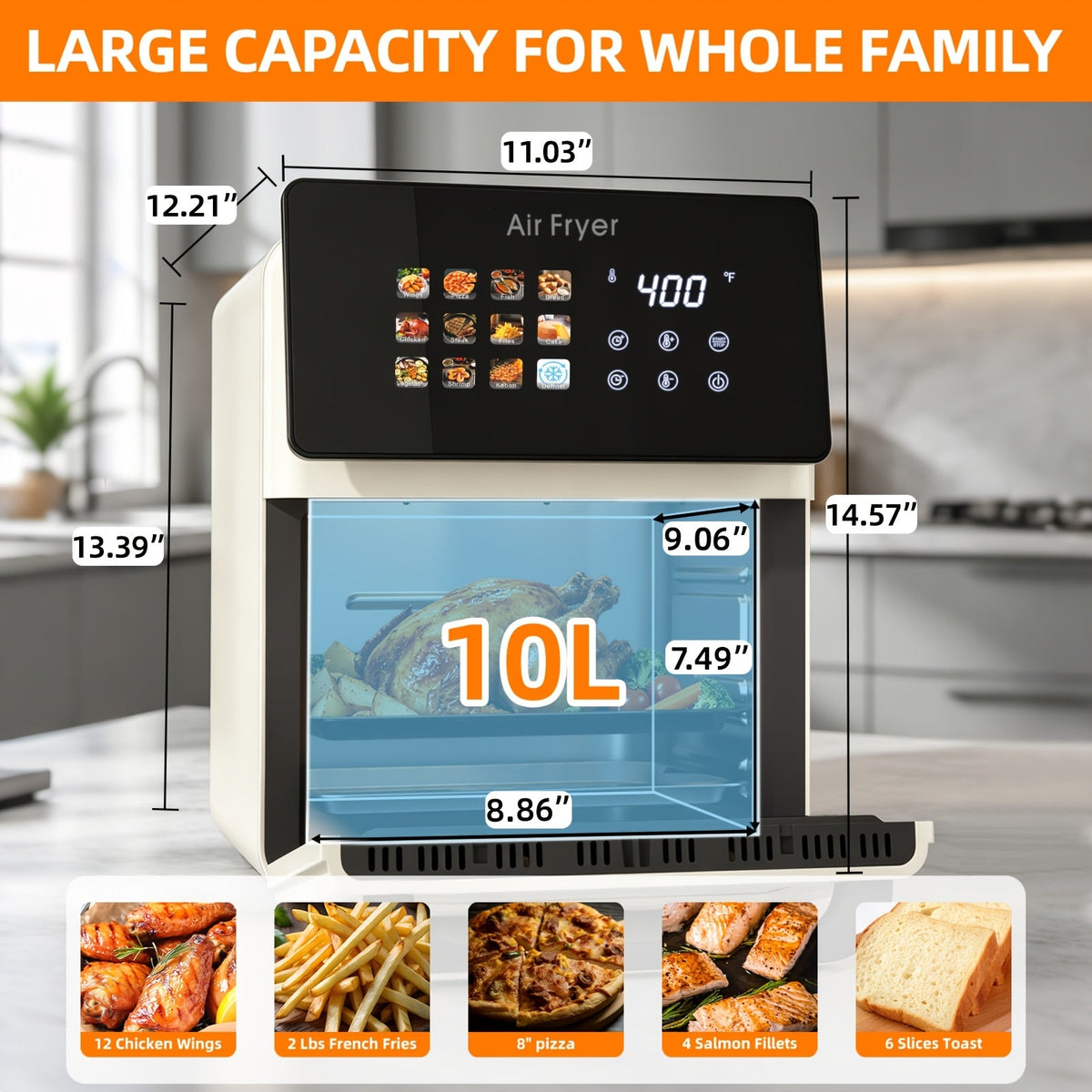 Large Air Fryer Oven with Grill Combo 2.64 Gallon – 12-in-1 Smart Convection Oven with Glass Window Nonstick Basket & Removable Door in White