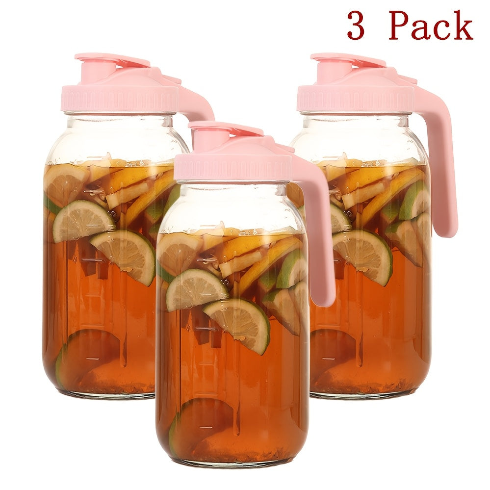 64oz Mason Jar with Handle & Lid – BPA-Free High Borosilicate Glass Beverage Carafe, Leak-Proof, 2/3 Pack, for Sports, Outdoor, Juice, Water, Kombucha, Holiday Gift