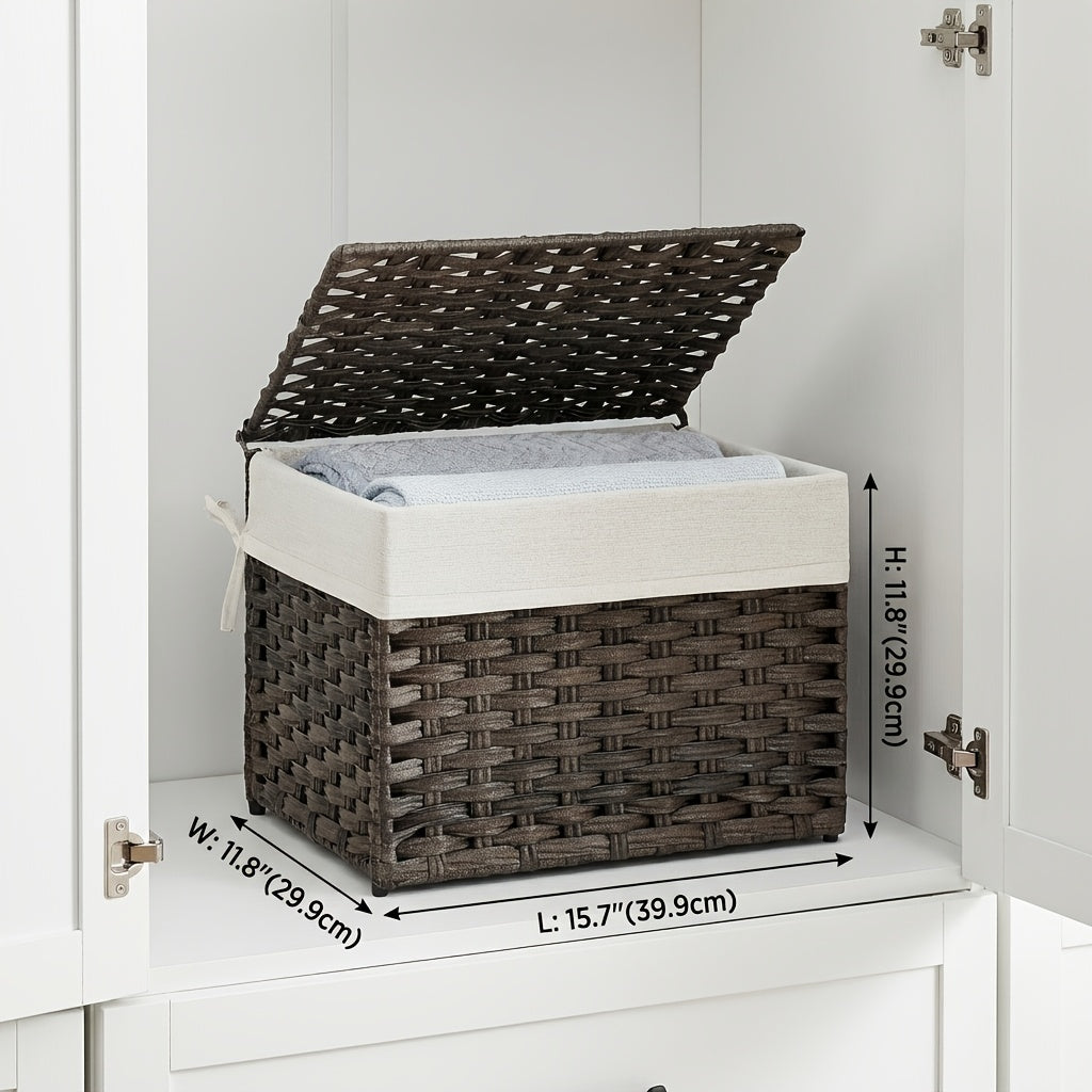 Large Foldable Storage Basket with Lid & Handles Removable Liner Metal Frame for Blankets Laundry Bedroom – 9.25 / 17.2 / 42.3 Gal – Natural Brown & Gray
