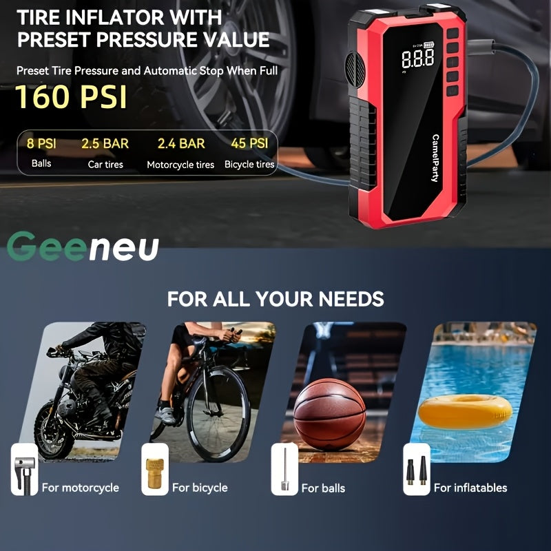 Jump Starter with Digital Tire Inflator, 5000A/10000A Peak, Multi-Function Car Jump Box with Smart Battery Clamps, LED Flashlight, and Power Bank, Emergency Kit for Car, RV, and Motorcycle