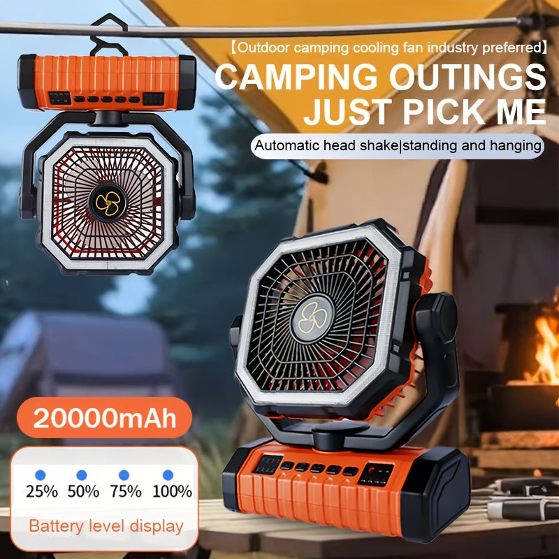 20000mAh Rechargeable Camping Fan with Built-in LED Light, Tent Hook, USB Charging, Portable Battery-Powered Outdoor Cooling Fan for Camping, Hiking, Power Outages, and Construction Sites - Orange Upgraded Model