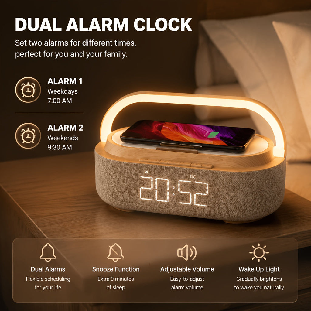 Wireless Charging Alarm Clock Radio with Bluetooth Speaker FM Radio & LED Night Light for Bedroom – Wood Finish