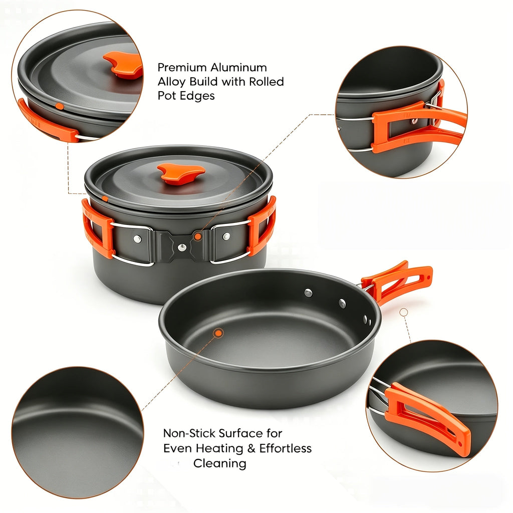 Camping Cookware Mess Kit 8/9/14/15 Piece, Portable Non-Stick Aluminum Alloy Camp Cook Set with Kettle, Pot, Frying Pan, Plates, and Utensils, Lightweight Backpacking Outdoor Cooking Gear for Hiking & Travel