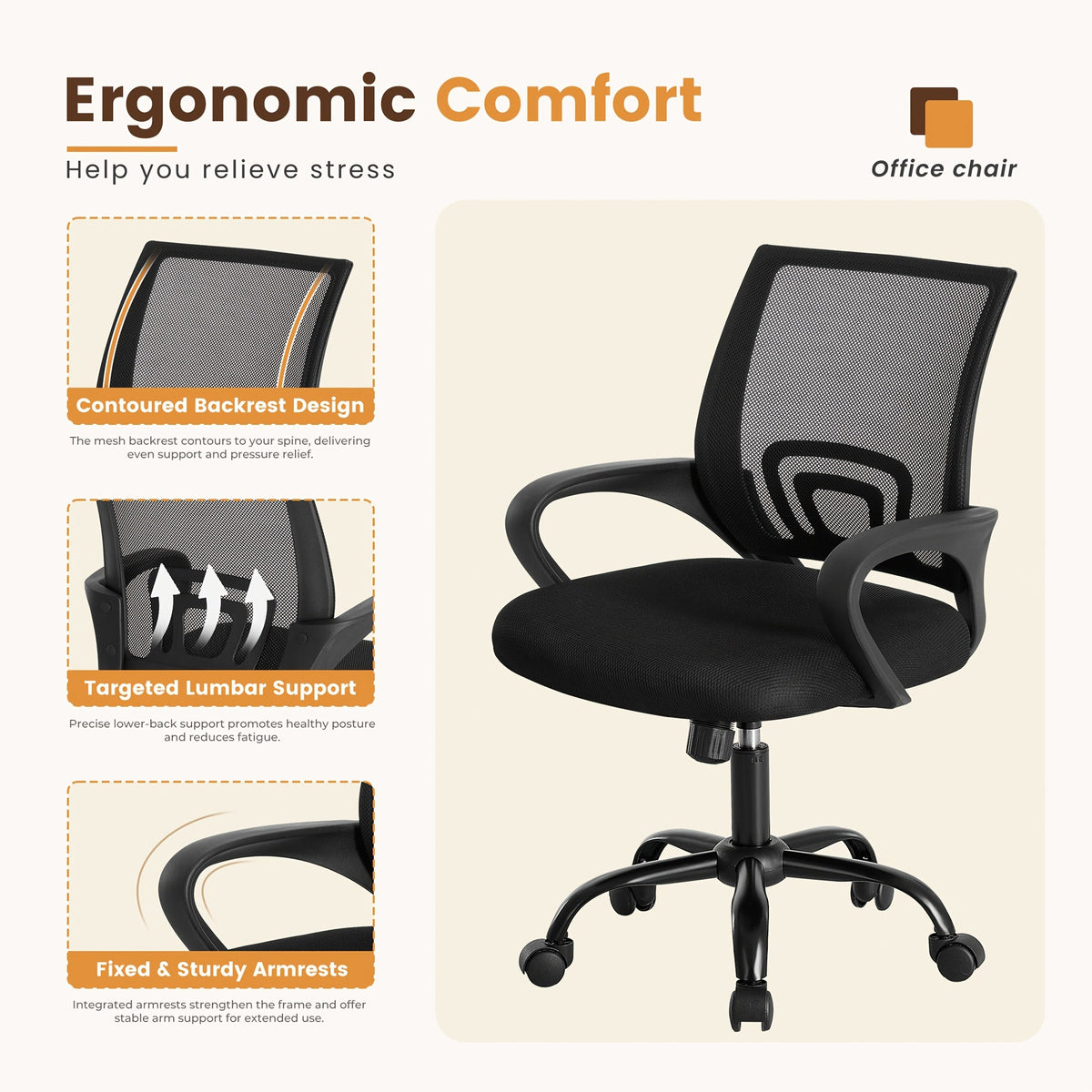 Ergonomic Mid-Back Office Chair - Lumbar Support, Rocking Mode, Height Adjustable, Fixed Armrests, 360° Swivel - Home, Gaming & Conference - Black, Pink, Gray & Red