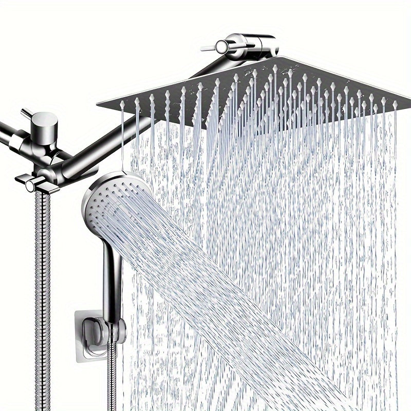 Rain Shower Head Combo - 8"/10"/12" High Pressure Rainfall Head, 13" Adjustable Extension Arm & 6-Setting Handheld with Long Hose - Works Against Low Water Pressure - Chrome
