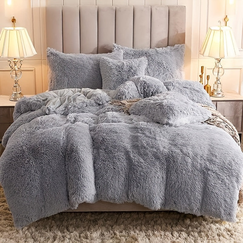 Plush Duvet Cover Set 3 Piece, Long Hair Knitted Polyester, Solid Color Fuzzy Comforter Cover with Zipper Closure, All-Season Soft Cozy Bedding Set for Bedroom, Multiple Colors Available