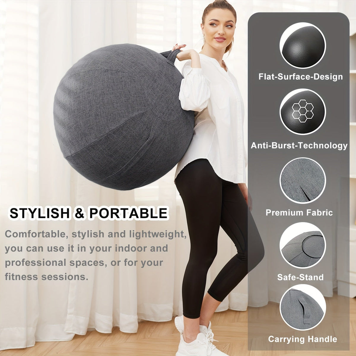 65cm Exercise Ball Chair with Fabric Cover, Anti-Burst Yoga Ball Seat for Home Office Desk, Pilates Core Training, Pregnancy & Birthing Ball – Improves Posture & Relieves Back Pain, Grey & Black
