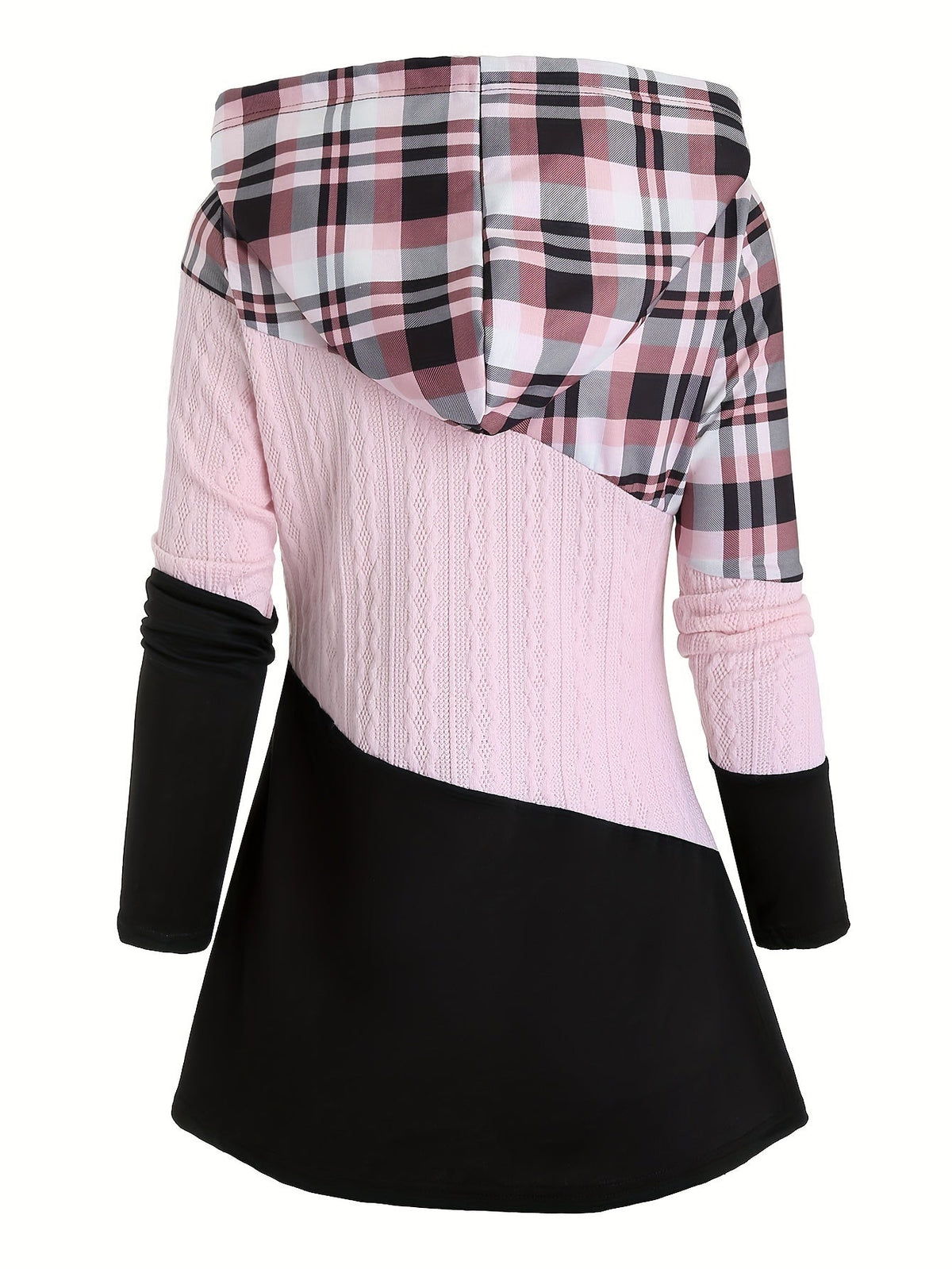 Women's Plaid Patchwork Hoodie - Long Sleeve Drawstring Pullover, Casual Fashion Hooded Sweatshirt - Pink Red, Burgundy & Fern Green - S to XXL