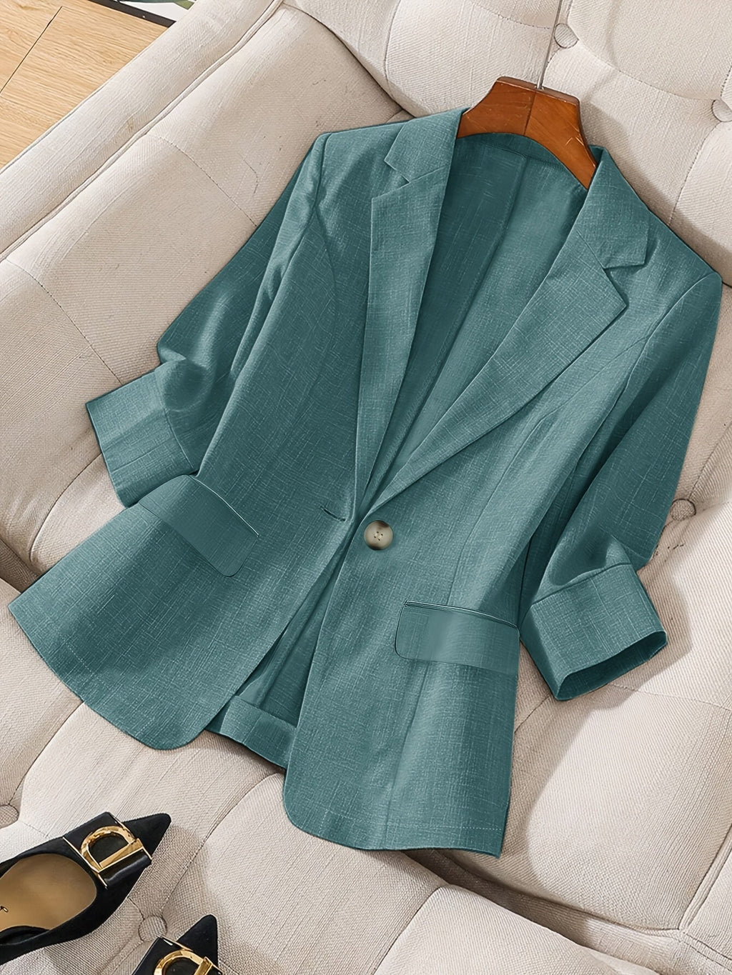 Women's Elegant 3/4 Sleeve Loose Fit Office Blazer, Available in Apricot, Black, Navy, Olive, and Violet, Sizes S M L XL XXL