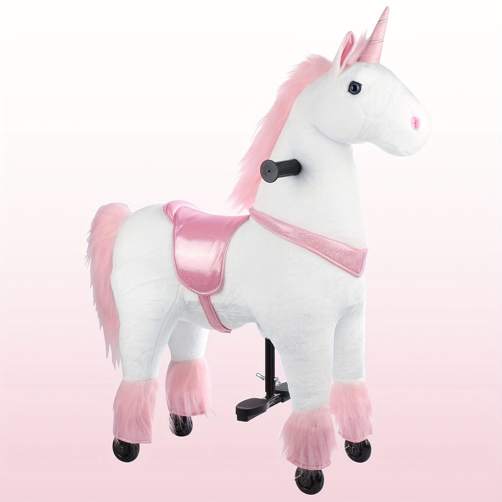 Kids Ride On Unicorn Horse Toy with Wheels, Plush Walking Animal, No Battery Required, Sizes S and M for Ages 3 to 9, Pink Unicorn, White Unicorn, Birthday Christmas Gift for Boys Girls