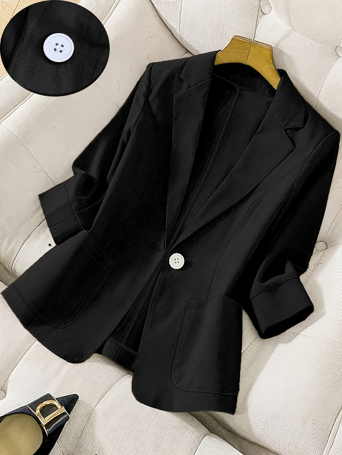 Women's Single-Button 3/4 Sleeve Lightweight Blazer | Elegant Casual Spring/Summer/Fall Outerwear | Professional Solid Color Office Business Suit Jacket S M L XL XXL