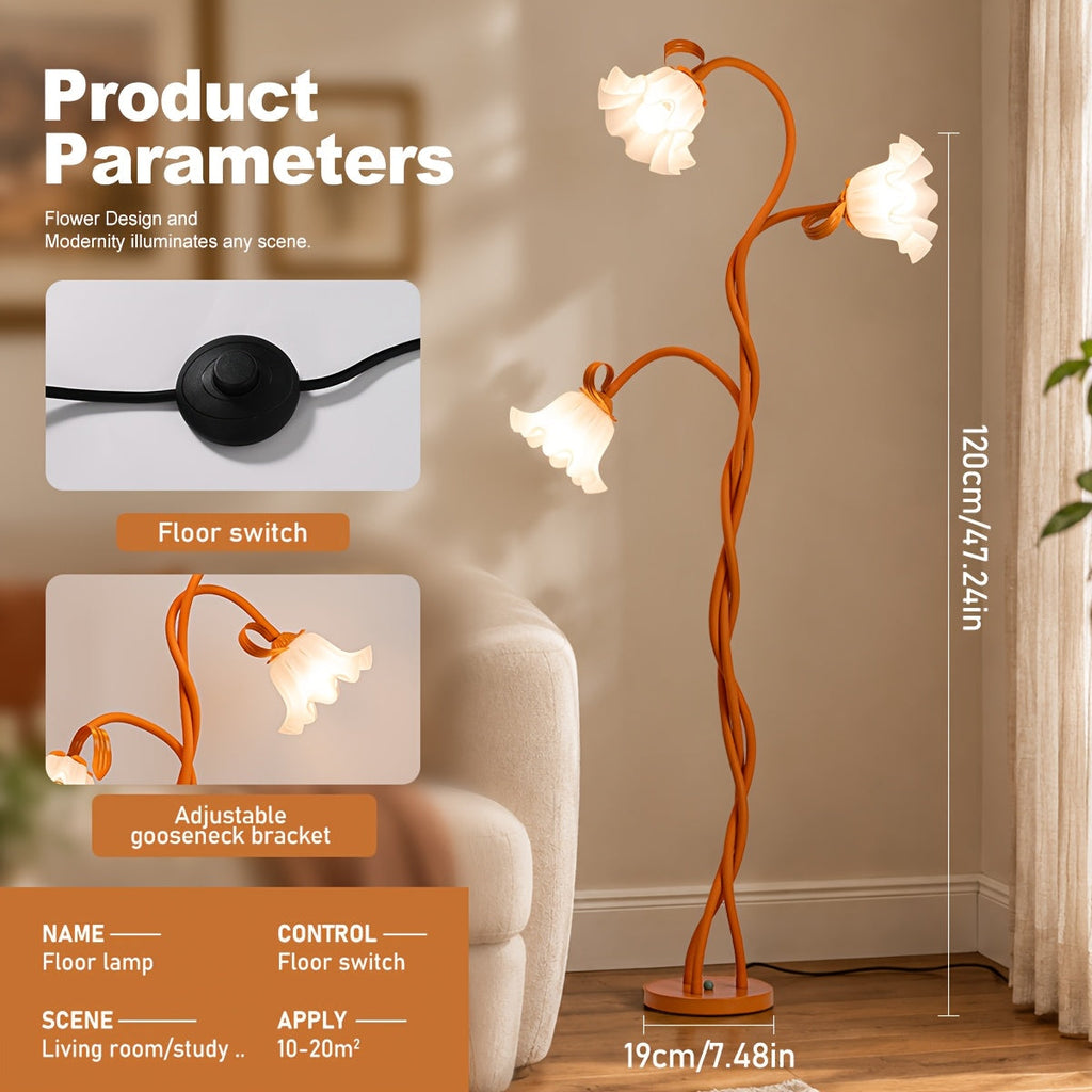 Modern Art Flower Floor Lamp – Flexible Arm LED Corner Lamp with 3 Color Temperatures & 3 Bulbs for Bedroom Living Room Study Hotel Decor