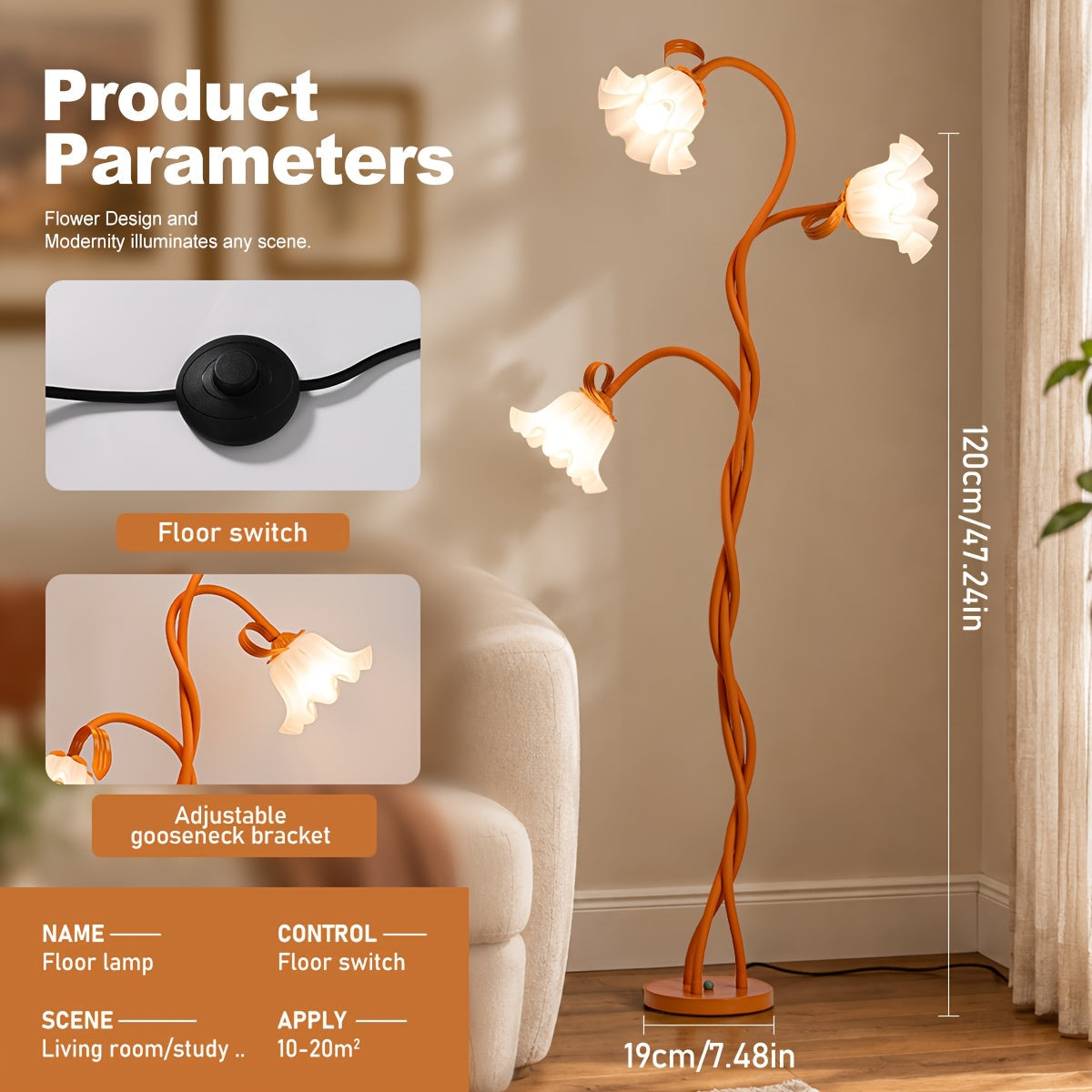 Modern Art Flower Floor Lamp – Flexible Arm LED Corner Lamp with 3 Color Temperatures & 3 Bulbs for Bedroom Living Room Study Hotel Decor
