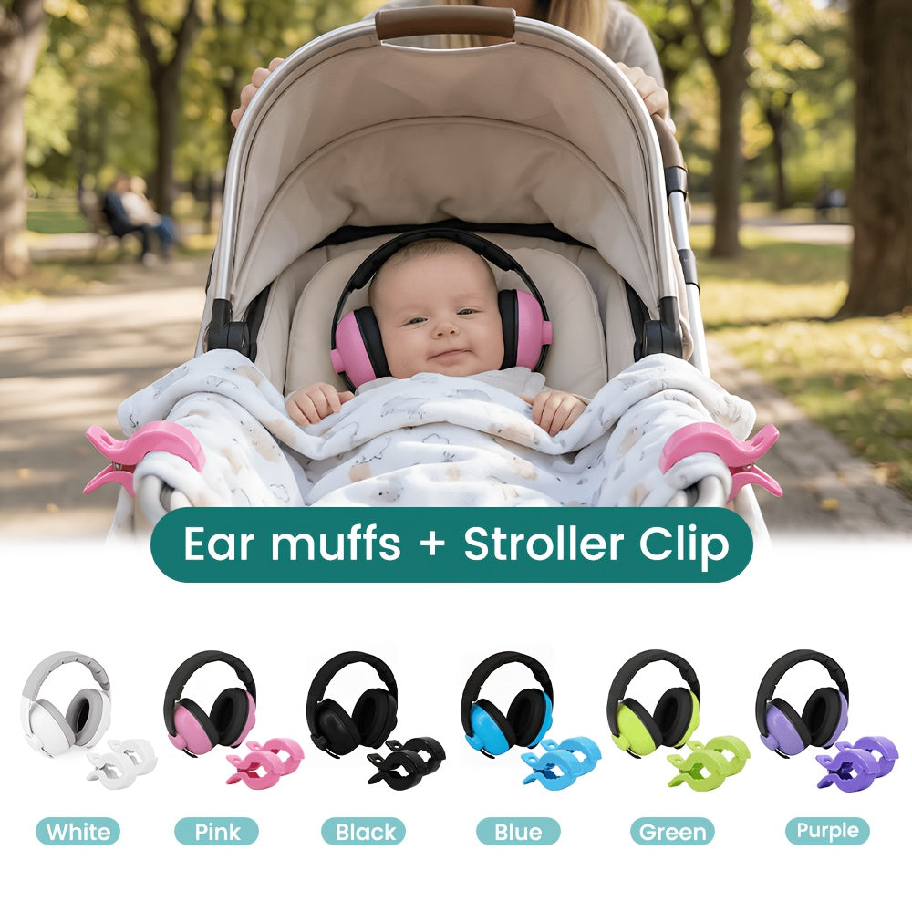 Portable Ear Muff with 2 Baby Stroller Fixing Clips, Soft Padded Adjustable Headband Ear Cover for Outdoor Travel & Camping, Removable Stroller Blanket Sunshade Clip Accessory Set
