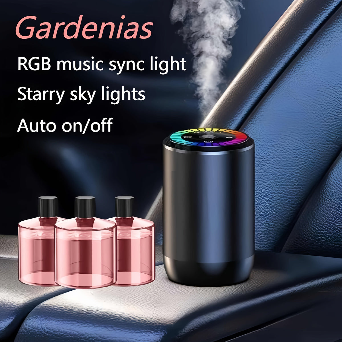 Smart Car Air Freshener Aromatherapy Diffuser with Starry Sky Light Show, USB Rechargeable, Adjustable Fragrance – Natural French Essential Oil (Gardenia, Ocean, Lavender, Cologne) Car Gift