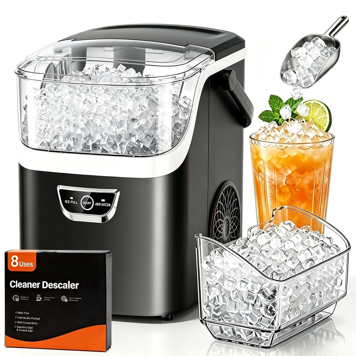 Countertop Nugget Ice Maker 35Lbs/Day 2025 Upgraded, Self-Cleaning Pebble Ice Maker with Stainless Steel Housing, One-Click Operation & Water Reservoir, Soft Chewable Pellet Ice for Home & Kitchen, Black Gray Steel
