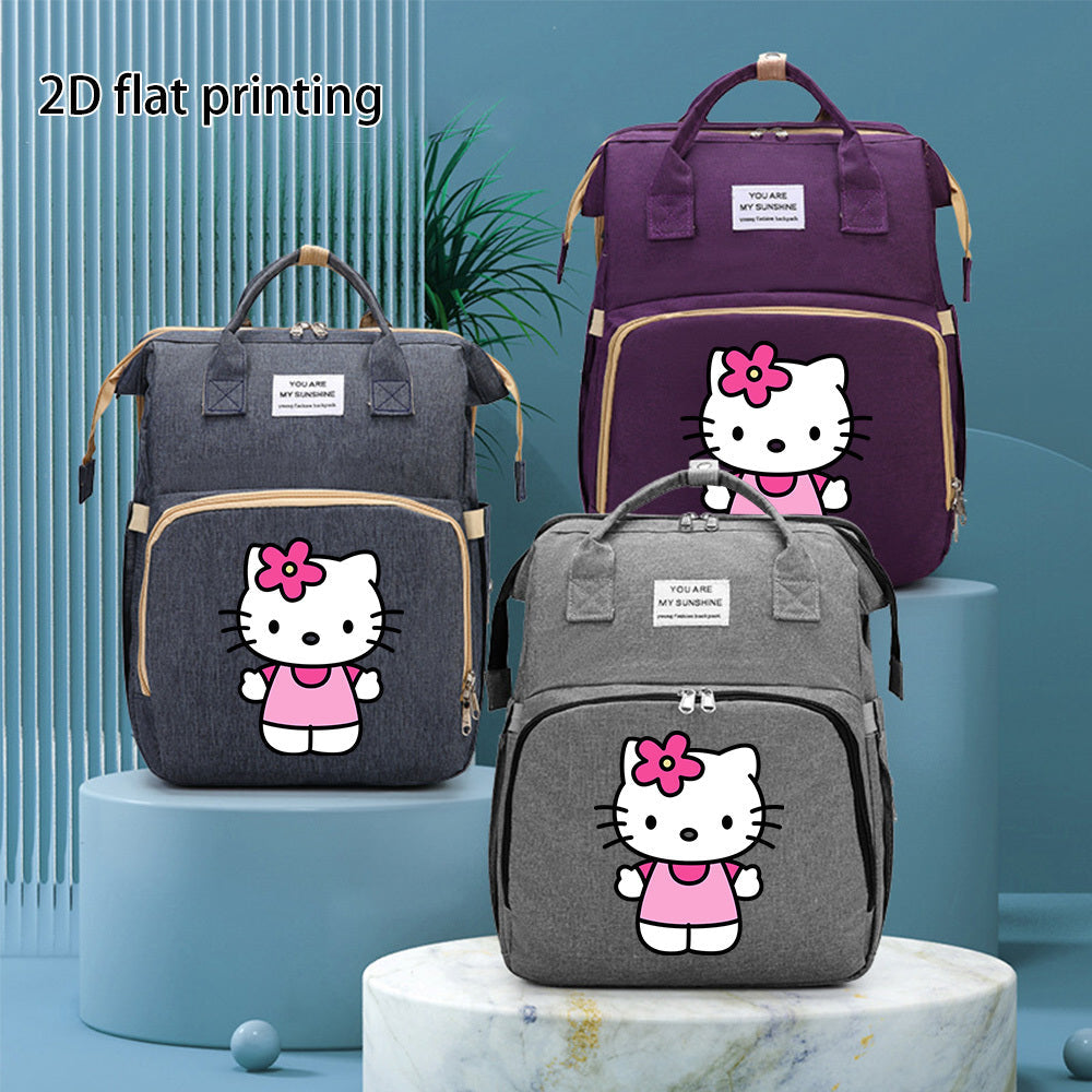Cute Cartoon Kitty Print Large Capacity Diaper Backpack with Changing Station, Portable Mommy Baby Bag for Travel & Daily Outings, Purple Black & Grey, Halloween Thanksgiving Gift