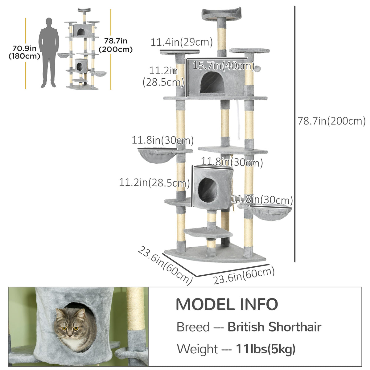 79" Large Cat Tree Tower with 2 Condos, Hammock, Sisal Scratching Posts, Plush Perches & Top Bed, Particle Board, for Cats Under 10 lbs, Indoor Cats & Kittens, 23.6"x23.6"x78.7"