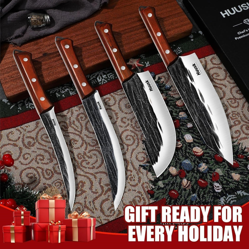 4-Piece Hand Forged High Carbon Steel Butcher Knife Set BBQ Meat Carving Boning & Breaking Knives with Wooden Handle Gift Box – Gift for Men & Women