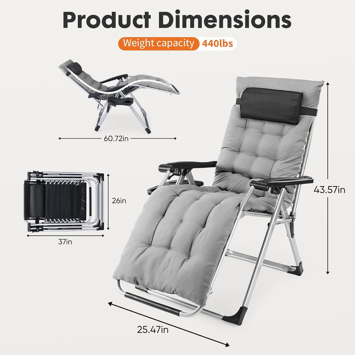 Zero Gravity Recliner with Cup Holder Tray & Detachable Cushion – Foldable Indoor Outdoor Lounge Chair with Adjustable Headrest in Black & Gray (1 or 2 Pack)