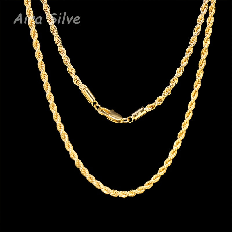 925 Sterling Silver 18K Gold Plated Rope Chain Necklace, 2.8mm Braided Cut Chain for Men and Women, Unisex Minimalist Necklace, Sizes 18 to 34 Inches, with Gift Box, Anniversary, Birthday, Holiday Gift