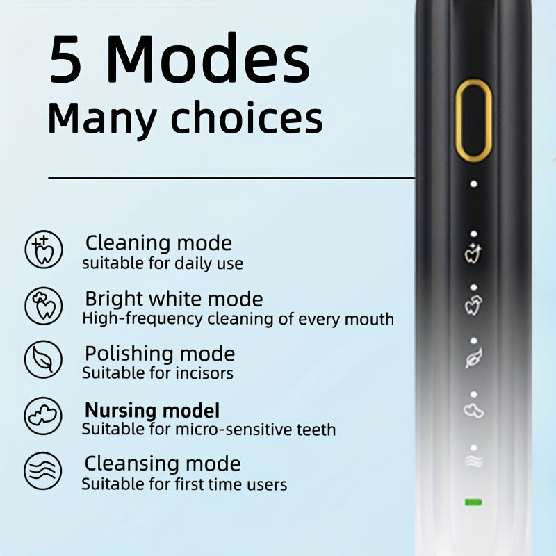 Sonic Electric Toothbrush IPX8 Waterproof USB Rechargeable with 5 Replacement Brush Heads, Smart Timer, Metal Shaft, for Adults, Men, Women, Couple Style, Rechargeable Oral Care