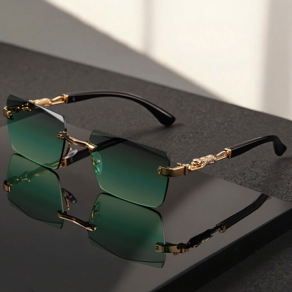Unisex Rimless Leopard Sunglasses - UV400 Narrow Rectangular Frameless Shades in Black & Gold, Premium Fashion Eyewear for Men & Women, Includes Case & Cloth, Great for Parties, Travel & Festivals