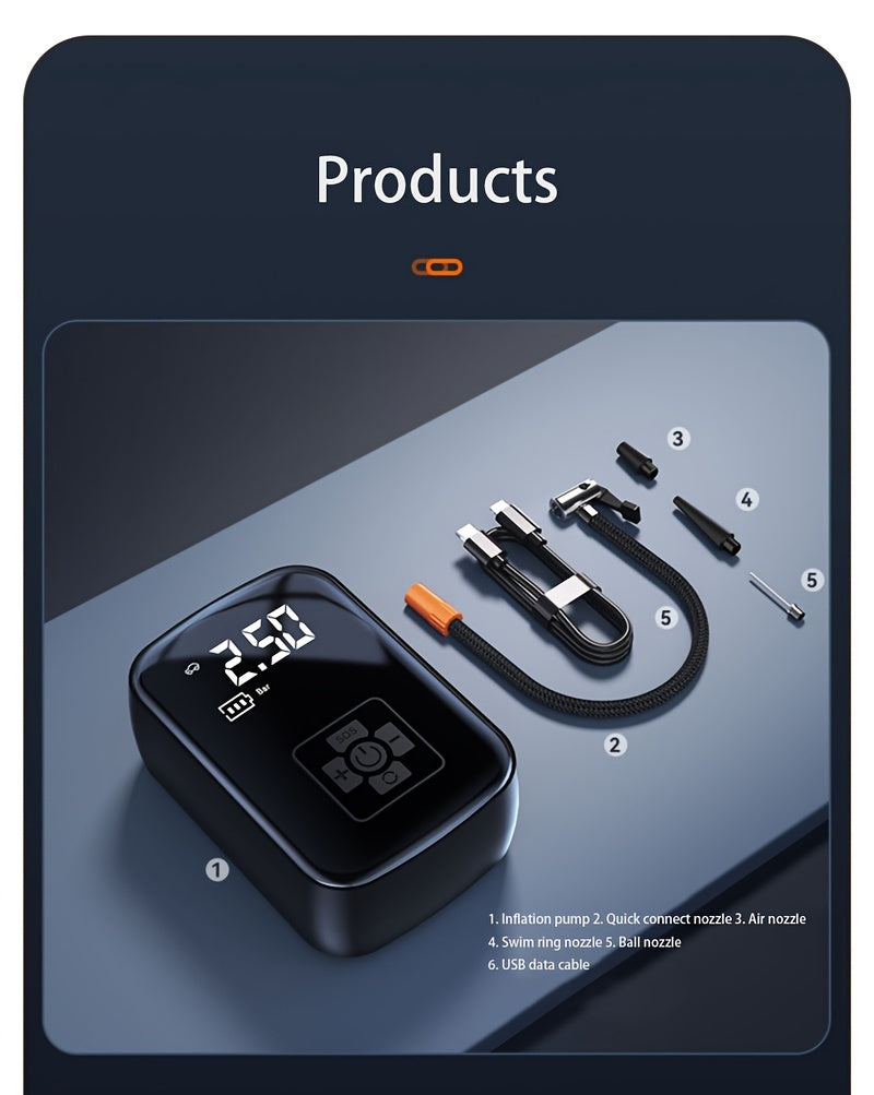Portable Tire Inflator, 100W Cordless Air Pump, 4000mAh Battery, 30-Second Inflation, 5 Modes, Digital PSI Display, Type-C Charging, LED Light, Multi-Nozzle for Car, Motorcycle, Bicycle, Ball