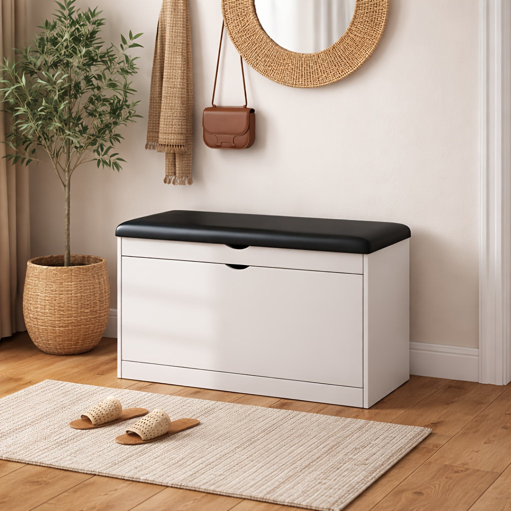 Compact Shoe Cabinet Storage Stool with Thickened Cushion & Hidden Storage Space for Entryway Corridor Living Room & Door – White or Wood