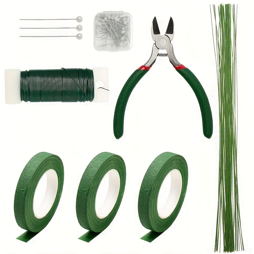 105Pcs Floral Arrangement Kit with Green Floral Tape, Wire, Boutonniere Pins, and Wire Cutter – DIY Wreath Making, Wedding Bouquet, Corsage Craft Supplies