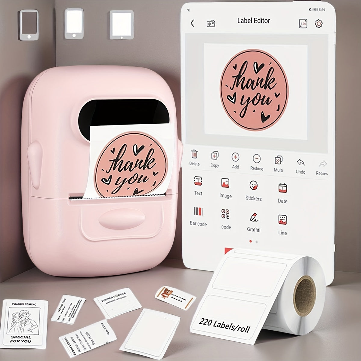 Wireless Thermal Label Maker – No Ink Required, Multiple Templates, Bluetooth Label Printer for Storage Organization, Home, Office, and School Supplies, Pink, White, Blue