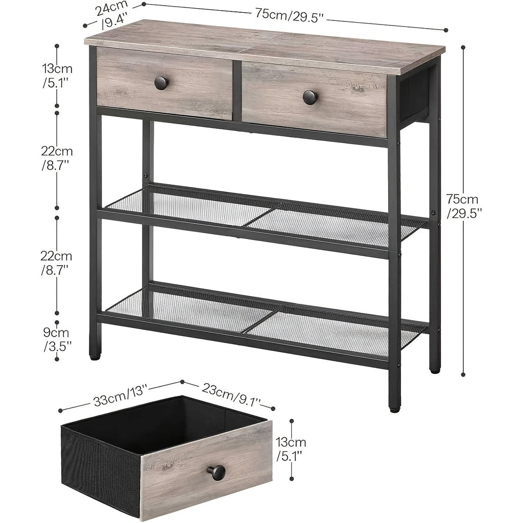 29.5 In Narrow Console Table 2 Fabric Drawers 3-Tier Storage Shelves Sofa Table & Entryway Desk for Living Room & Hallway – Rustic Brown Black Gray