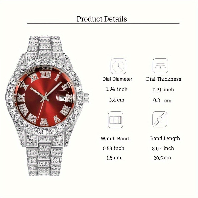 4-Piece Rhinestone Watch and Cross Pendant Jewelry Set, Quartz Analog Wristwatch, Necklace, Bracelet, and Earrings, Unisex Gift for Him or Her, Wedding