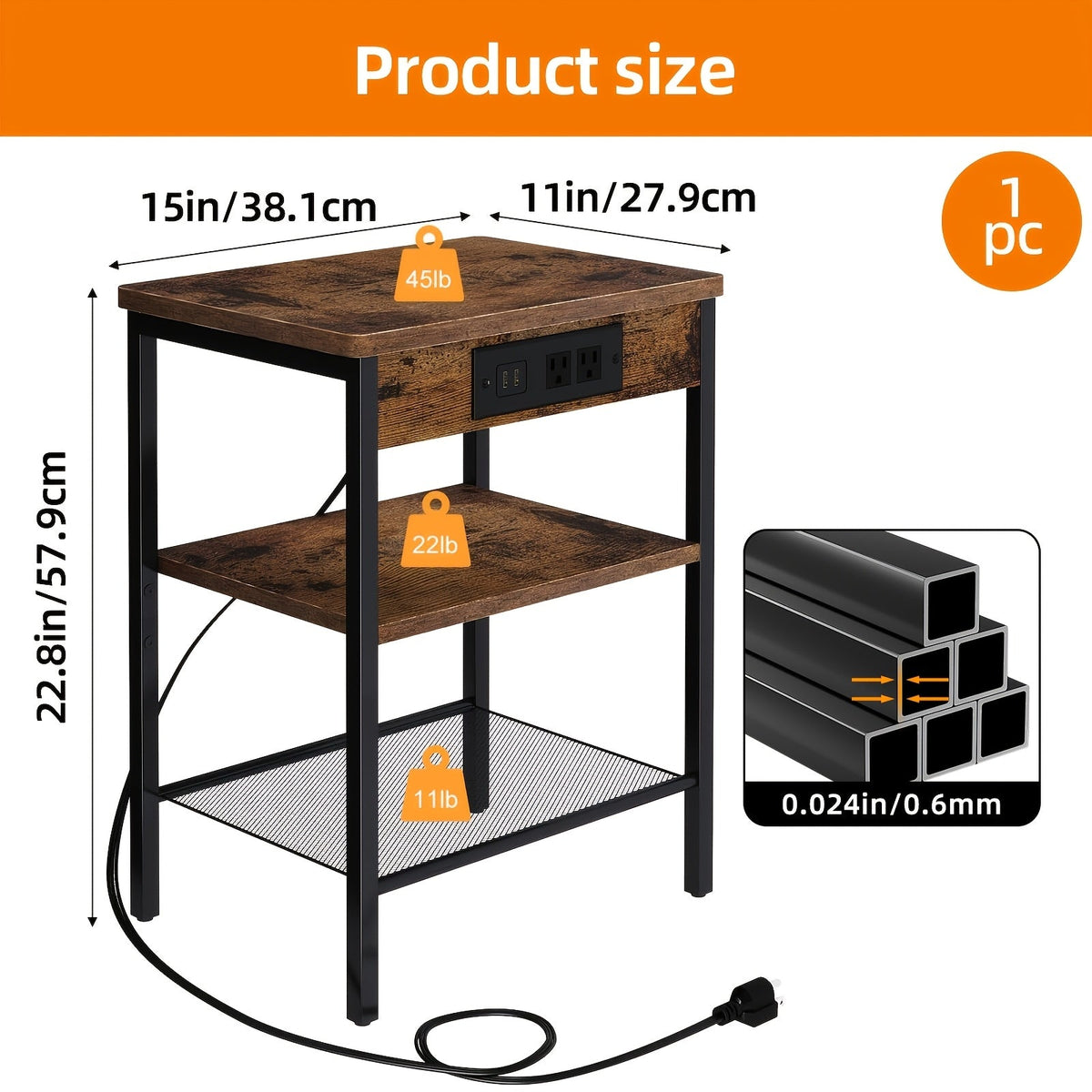 3-Tier Nightstand & Side Table with Charging Station – Storage Shelf for Bedroom & Living Room in Rustic Brown & Black (with Optional Drawer)