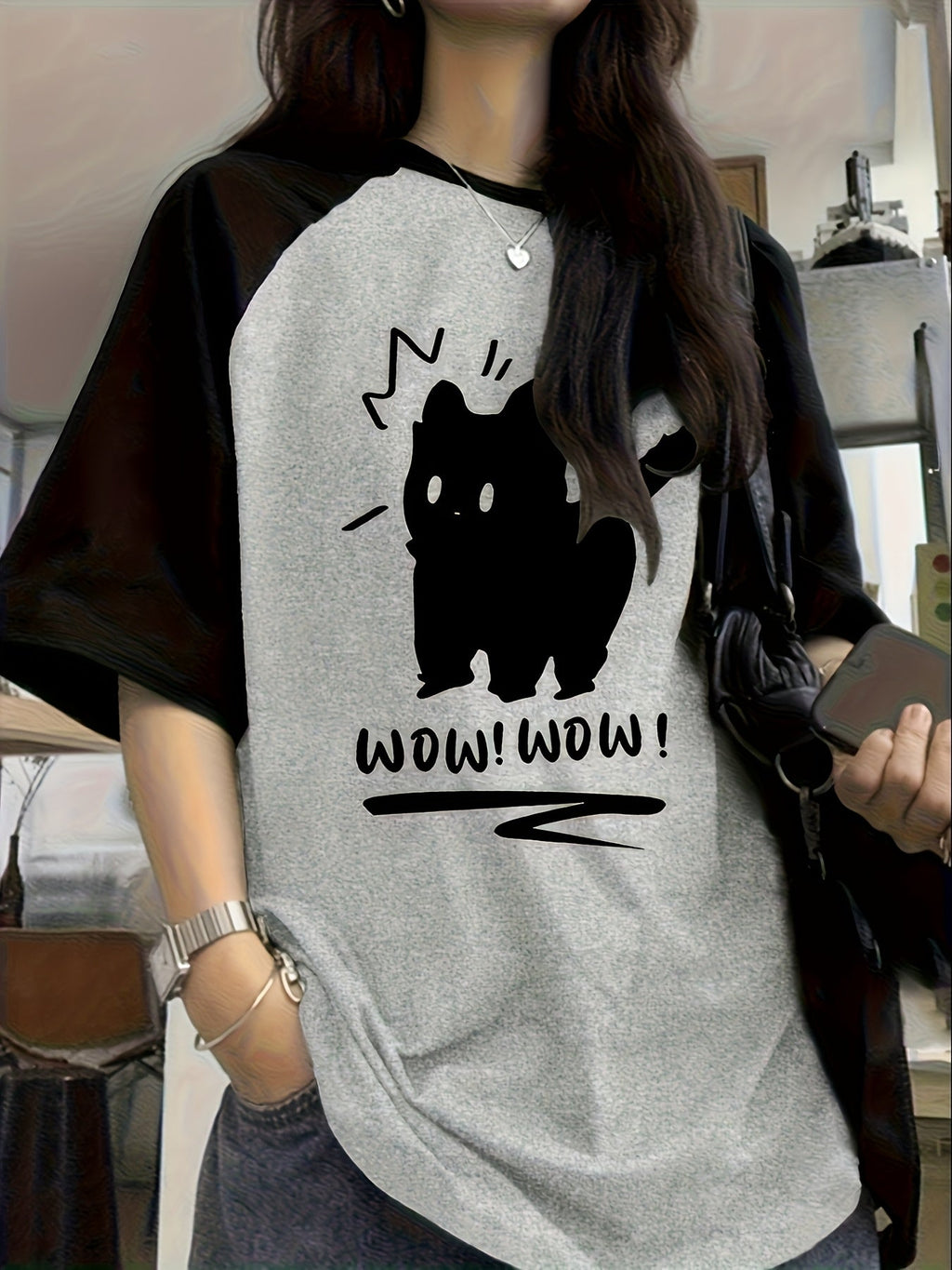 Y2K Cute Cat Letter Print Raglan Sleeve T-Shirt Women's Round Neck Stretchy Casual Top Olive Green Camel Red S M L XL XXL