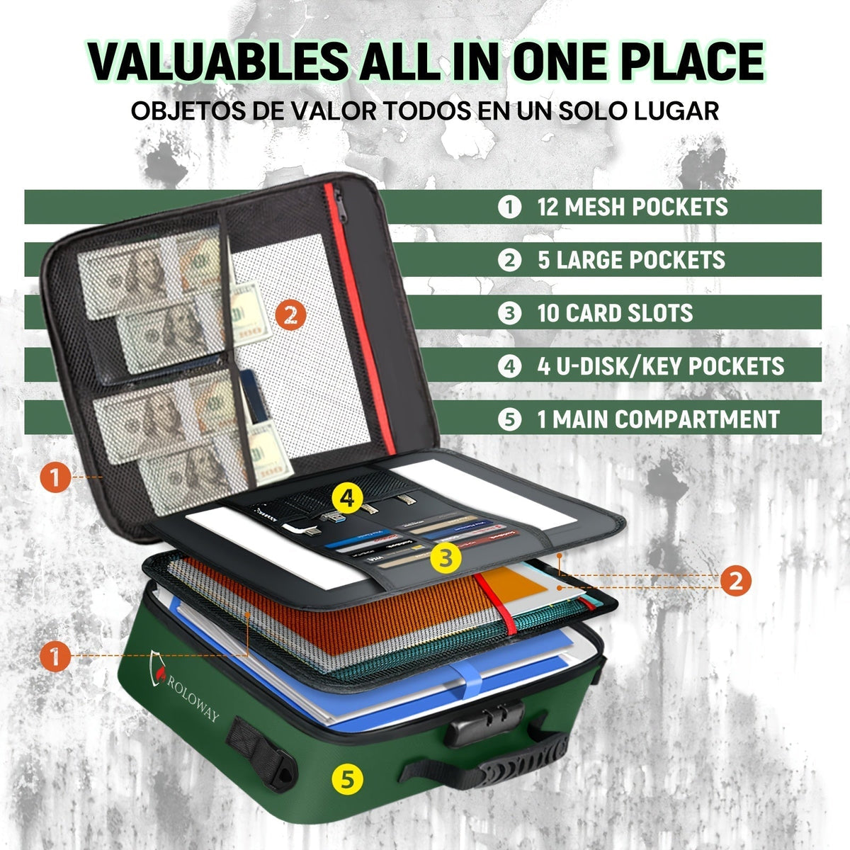 Fireproof Document Bag with Combination Lock & Reflective Strip – 17x11.8x5 Inch Multi-Layer File Organizer for Passports, Cash, Cards, Certificates, A4 & Legal Size Documents – Ideal for Home, Office, and Travel Safety