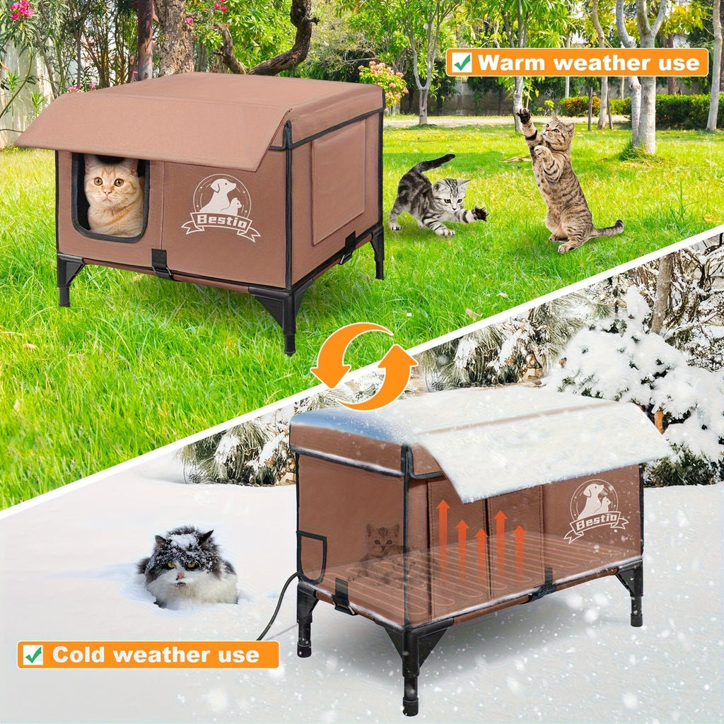 3-in-1 Heated Cat House with Removable Warming Pad & Elevated Bed – Chew-Resistant Cord, Double Door, All-Season Indoor/Outdoor Cat Shelter Cave Condo for Cats, Kittens & Small Dogs