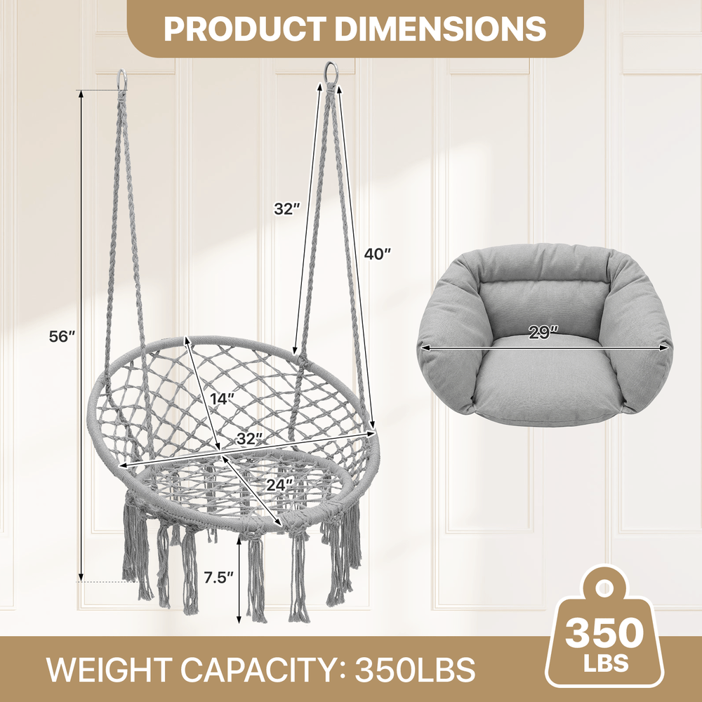 Hanging Hammock Macrame Swing Chair with Cushion – 350 LB Capacity Boho Hammock Chair for Adults & Teens Backyard Patio Reading Relaxing in Black Beige & Gray