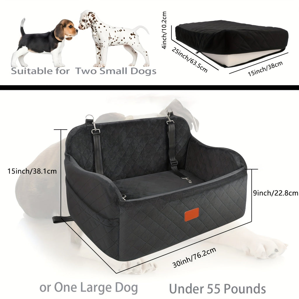 Dog Car Seat for Medium to Large Dogs – Washable Memory Foam Pet Travel Car Bed with Seat Belt Pass-Through, Adjustable Straps & 3-Point Installation, Gray, Black, Brown, All Black, Black-Gray
