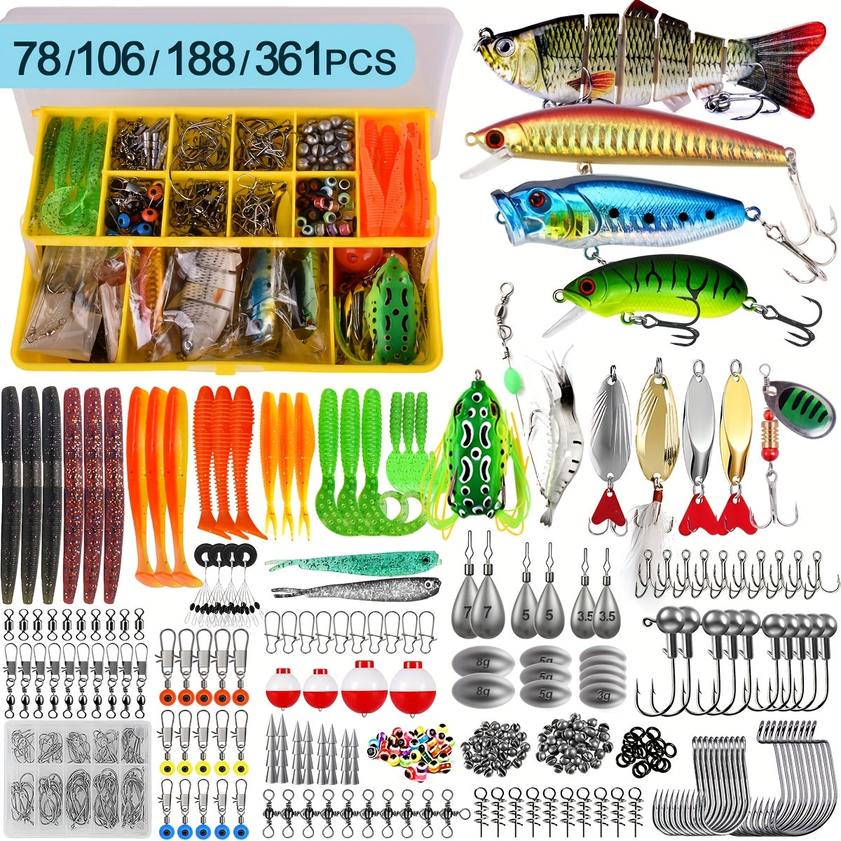 Fishing Lure Kit 78/106/188/361 Piece Freshwater Tackle Box Set, Spoon Lures, Soft Plastic Worms, Hooks & Accessories for Bass, Trout, and Salmon Fishing, Complete Beginner & Pro Fishing Gear Gift