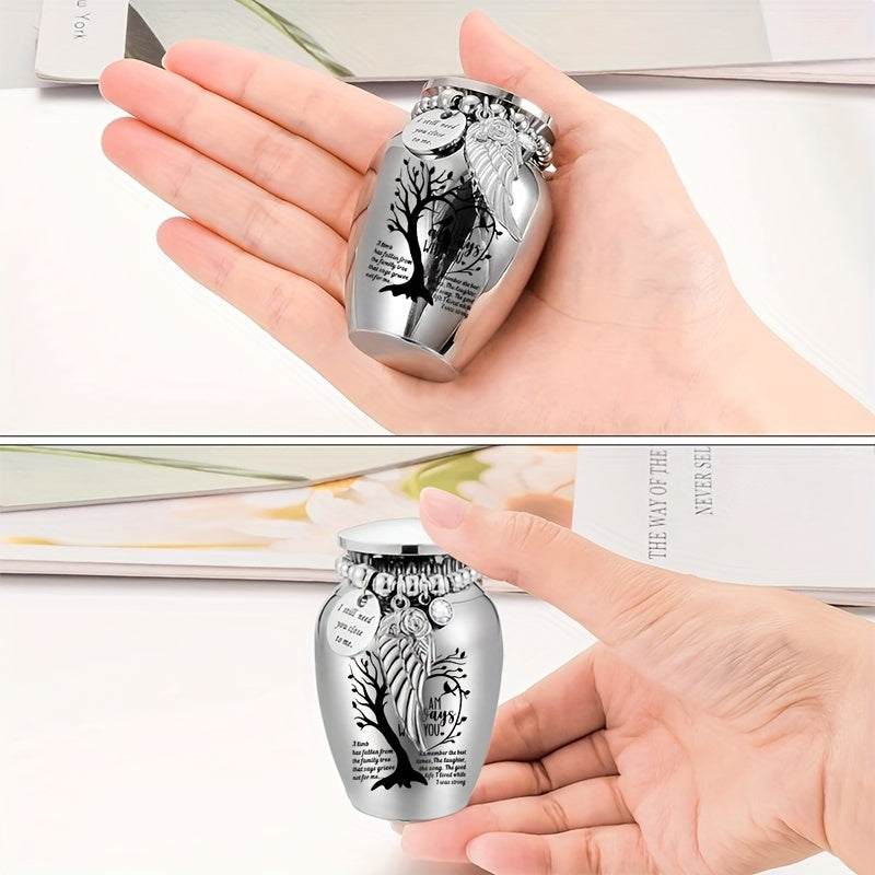 Mini Keepsake Cremation Urn with Wing Charm – 2.56 Inch Aluminum Alloy Memorial Ash Holder with "I Am Always with You" Engraving, Small Human Ashes Urn for Remembrance & Sympathy Gift, Silver