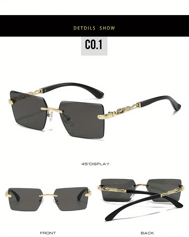 Unisex Rimless Leopard Sunglasses - UV400 Narrow Rectangular Frameless Shades in Black & Gold, Premium Fashion Eyewear for Men & Women, Includes Case & Cloth, Great for Parties, Travel & Festivals