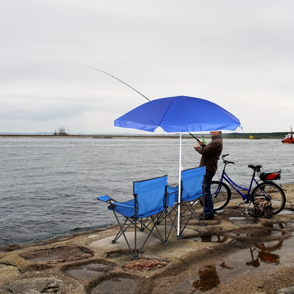 2-Person Outdoor Folding Chair with Removable Sun Umbrella – Portable Loveseat Camping Chair with Armrests for Fishing, Beach, Sunbathing, and Picnics