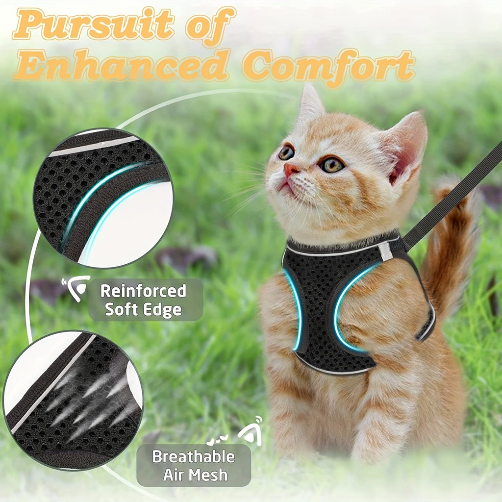Escape Proof Cat Harness and Leash Set for Walking - Adjustable Reflective Soft Mesh Vest for Cats, Kittens, and Small Dogs, S/M, Black/Grey, Comfortable Outdoor Adventure Pet Gift