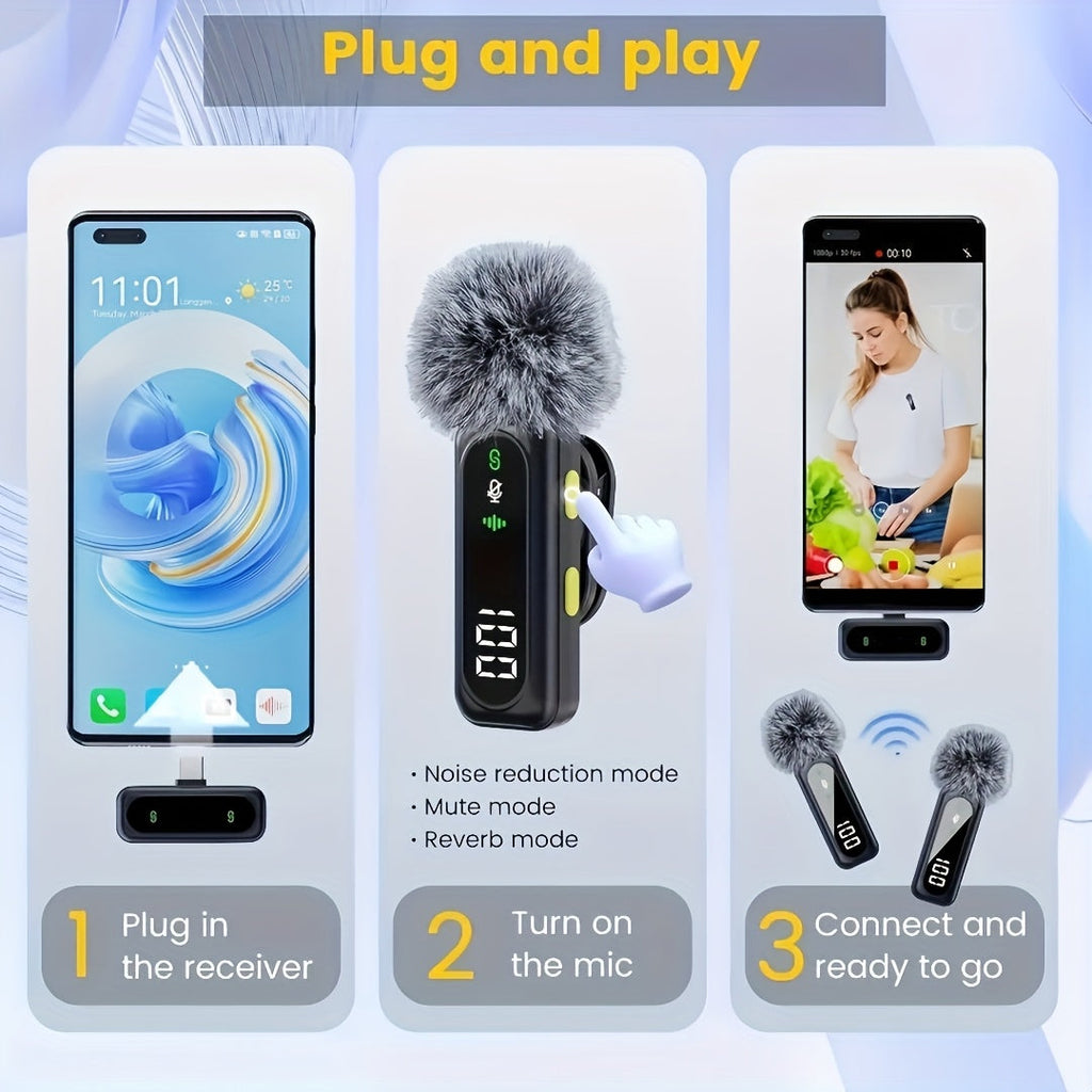 Wireless Lavalier Microphone USB-C 2.4G with DSP Noise Reduction, Digital Battery Display, 360° Omnidirectional Clip-On Lapel Mic, 100ft Range, Furry Windshield, Rotatable Magnetic Clip for iPhone, Android, Camera & Content Creators