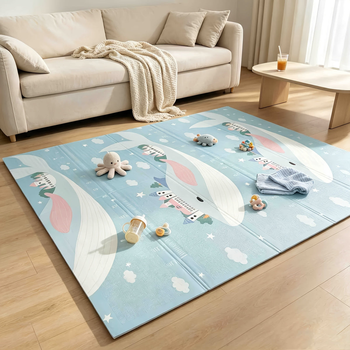 Double-Sided Crawling & Tummy Time Play Mat, Soft Thickened Foldable Baby Floor Mat for Indoor Use, Whale Paradise Design in 79x71 and 79x59 Inch Sizes