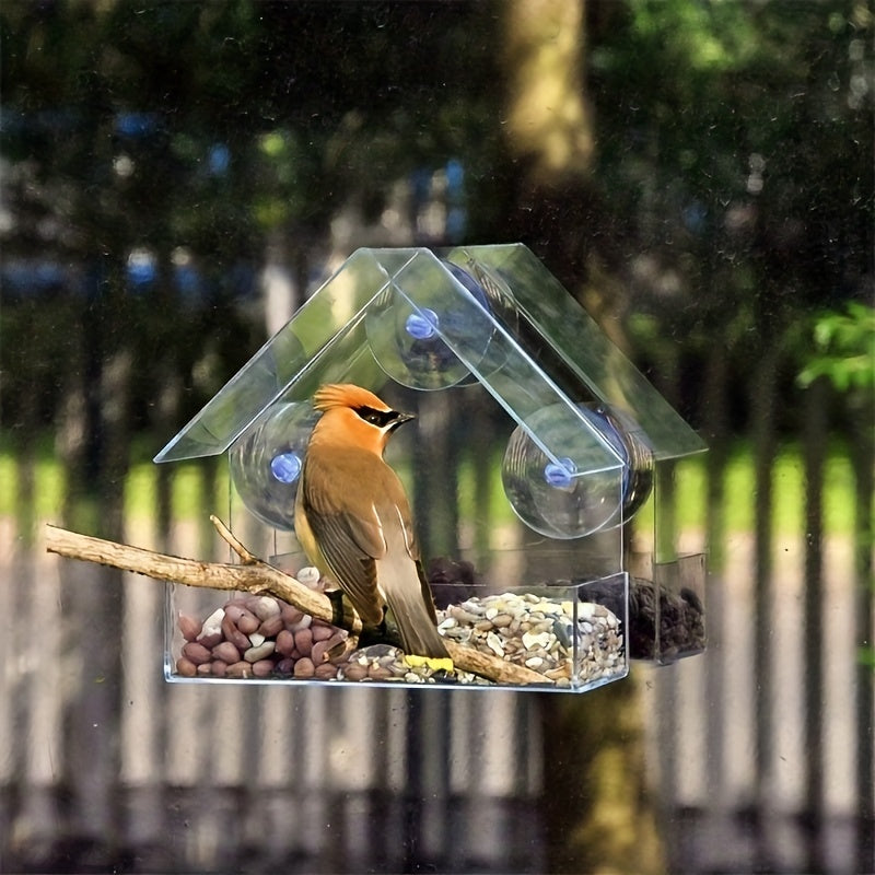 Acrylic Window Bird Feeder, House-Shaped Transparent Seed Tray with Suction Cups for Secure Mounting – Clear View Wild Bird Feeder for Backyard Garden Bird Watching